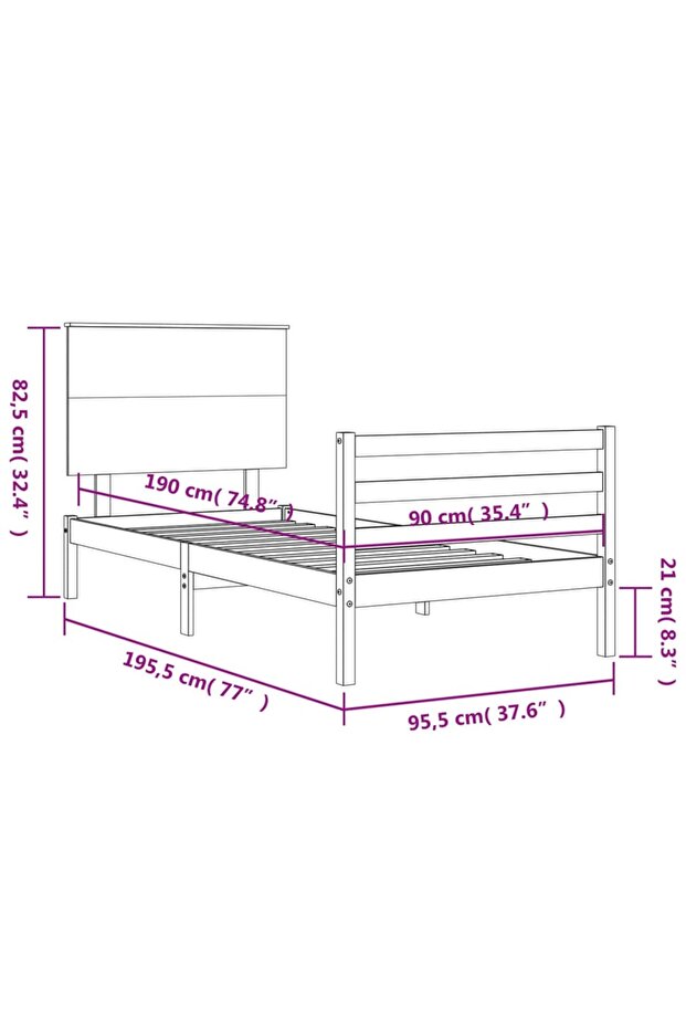 Bed frame with headboard 3FT, single, white, solid wood - 8