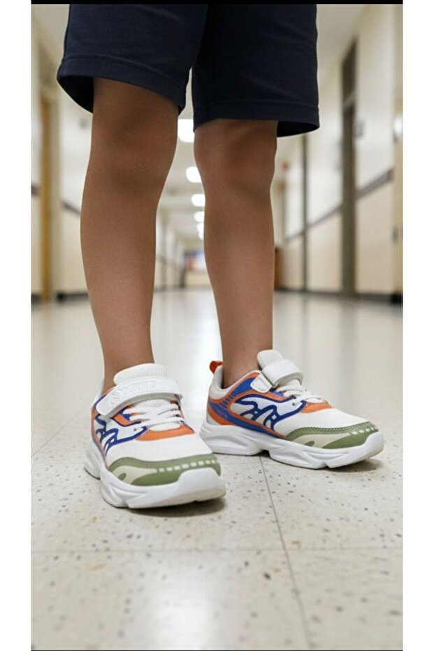 Unisex Children's Non-Slip Sole Velcro and Lace-Up Casual Sneaker White Orange Sax Green