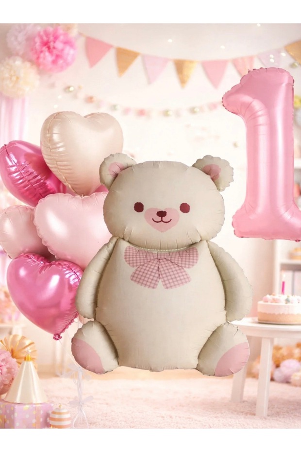 Pink Bear Balloon Pink 1 Year Old Heart Balloon Set of 7