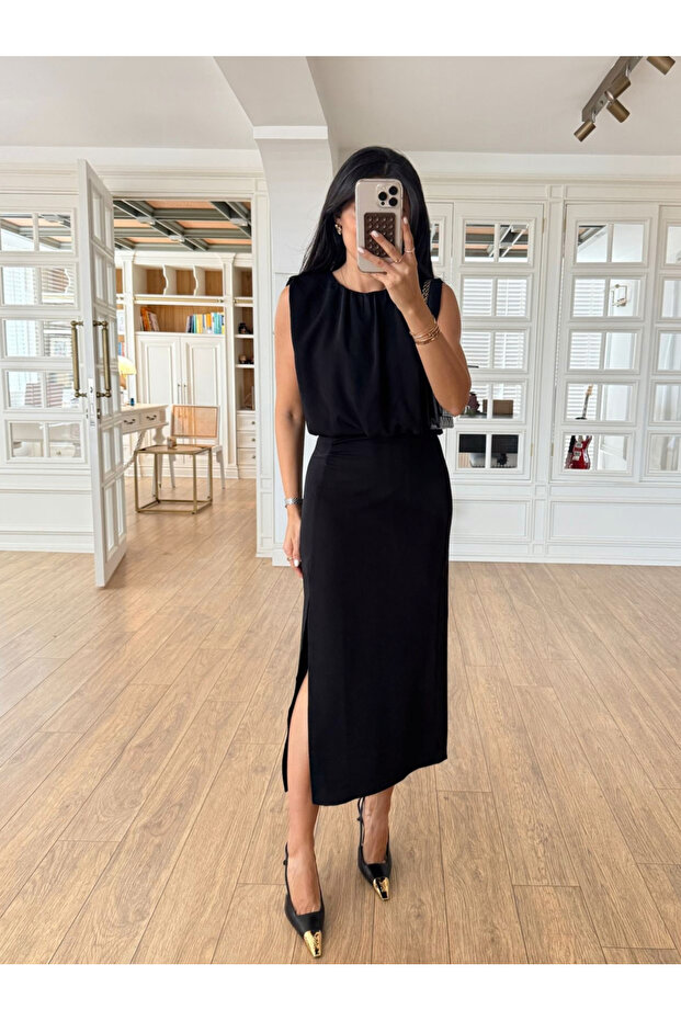 Black Slit Dress with Elastic Waist - 1553