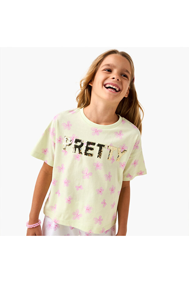 Embellished T-shirt with Drop Shoulder Sleeves