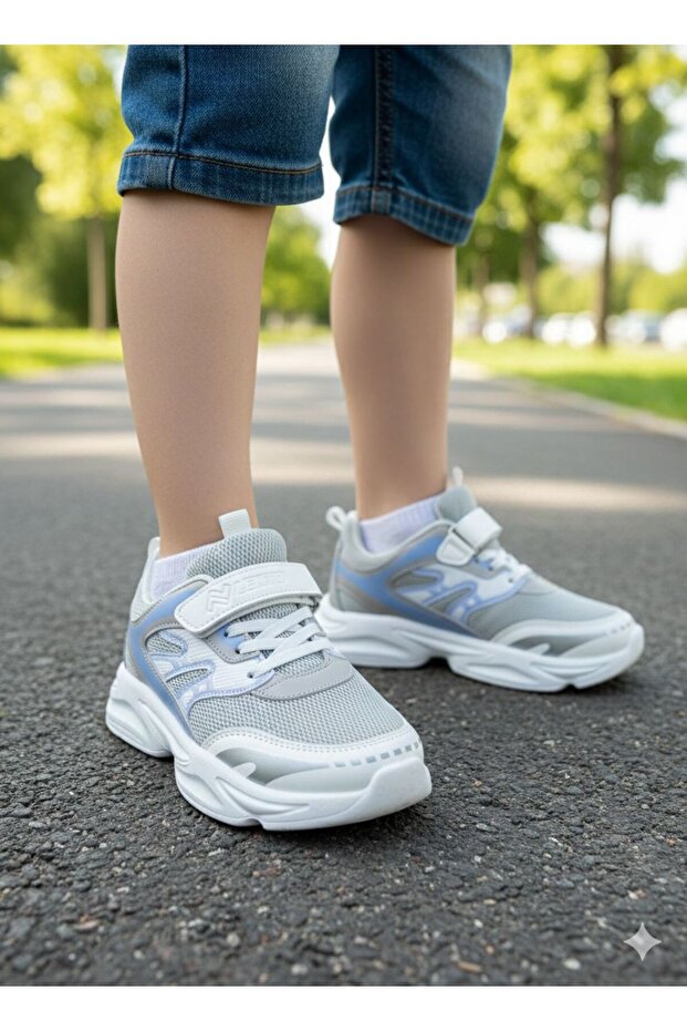 Unisex Children's Non-Slip Sole Velcro and Lace-Up Casual Sneaker Silver Blue White