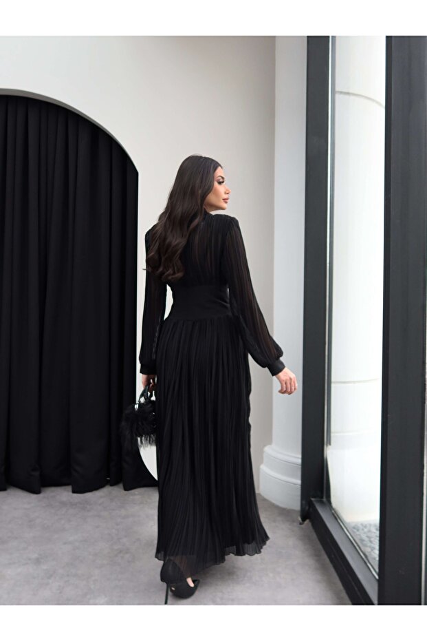 V Yaka Piliseli Maxi Elbise - 5