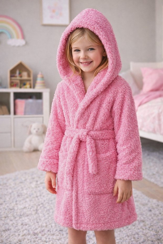 Luna Soft Girls'/Boys' Hooded Wellsoft Bathrobe Plush Dressing Gown |   Pink