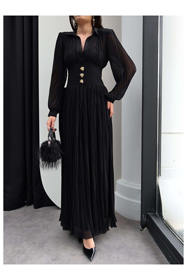 V Yaka Piliseli Maxi Elbise - 6