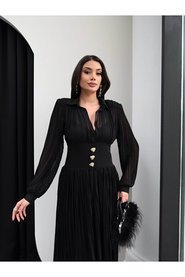 V Yaka Piliseli Maxi Elbise - 2