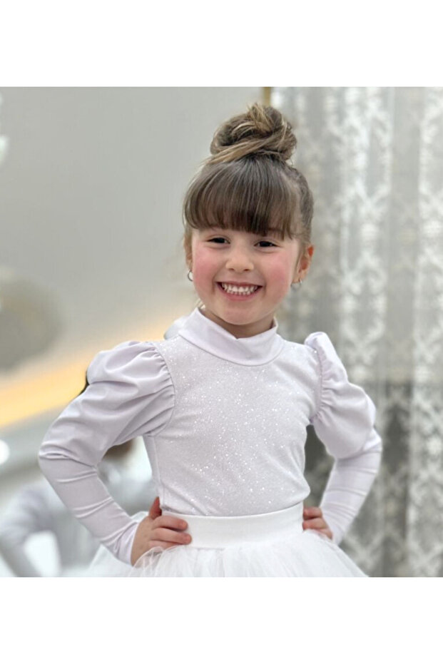 Girl's White Glittery Long Watermelon Sleeve Blouse Badi