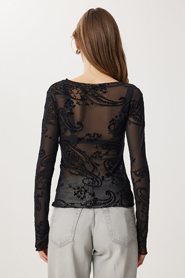 Flok Baskılı Büzgülü Transparan Bluz - 2