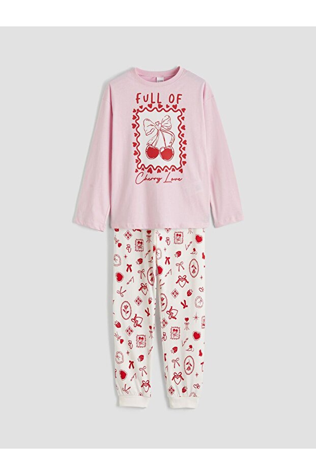 Crew Neck Printed Girl's Pajama Set