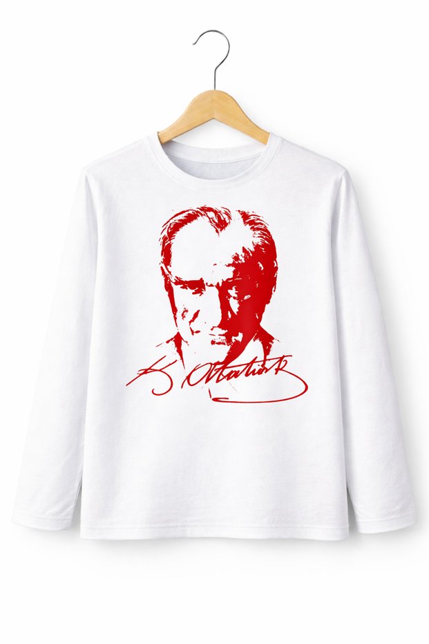Ataturk Portrait Printed Unisex White Long Sleeve T-Shirt