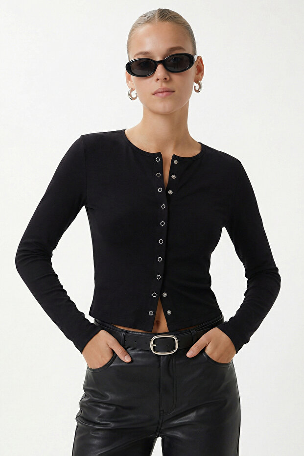 Women's Karmen Button Detailed Long Sleeve Black Basic Top / Blouse