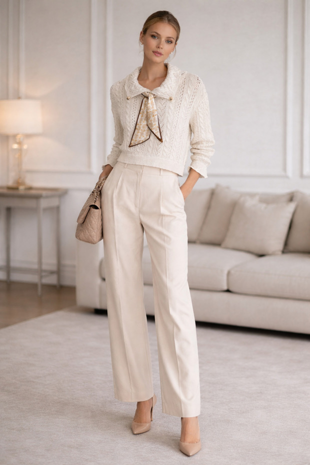 Scarf-Adorned Openwork Detailed Knitwear Sweater
