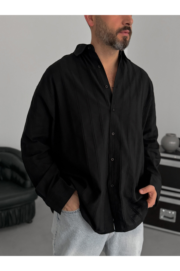 Siyah Örgü Çizgili Oversize Gömlek JJ-242 - 4