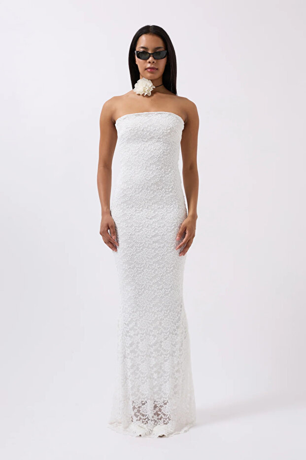 Strapless Lace Fish Cut Long Evening Dress