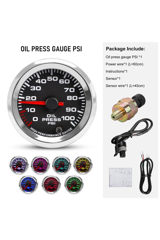 Oil press gauge PSI New 12V 52mm 7 Colors Car Boost Water Temperature Oil Temperature Oil Press Air