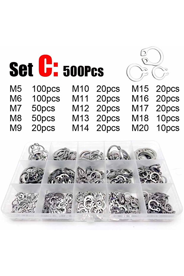Box C 500 1Box GB894 M3 to M20 Assortment Kit Black 65mn Stainless Steel Shaft Bearing Retaining Cli