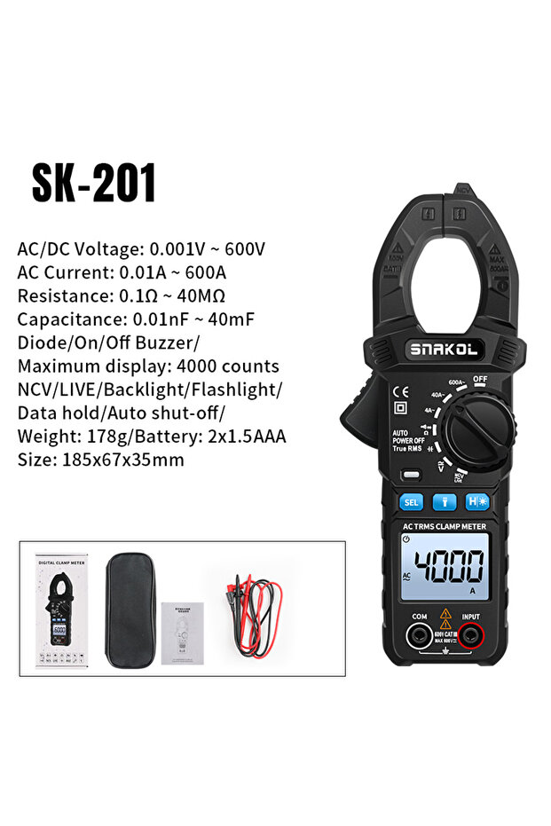 مقياس التيار المتردد/المستمر متعدد الوظائف SK-201 SNAKOL، 6000 عد، مقياس التيار الكهربائي، مقياس الفولت، مقياس المقاومة NCV