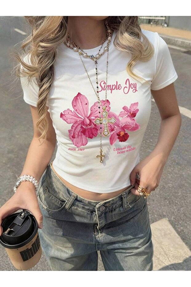 PALPİTO Kadın Beyaz Simple Joy Baskılı Bisiklet Yaka Dar Crop Tshirt
