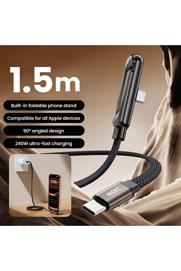 كابل شحن سريع USB-C إلى Type-C بطول 1.5 متر، بقدرة 240 واط، مع حامل قابل للطي، يدعم الشحن السريع بتقنية PD.