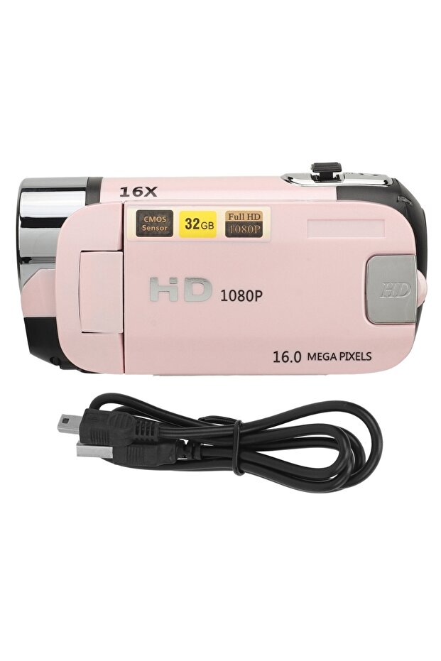 Pink D90 1080P 16MP Digital Camera 2.4 Inch Rotatable Screen Camcorder 16X Zoom HD Video Recorder wi