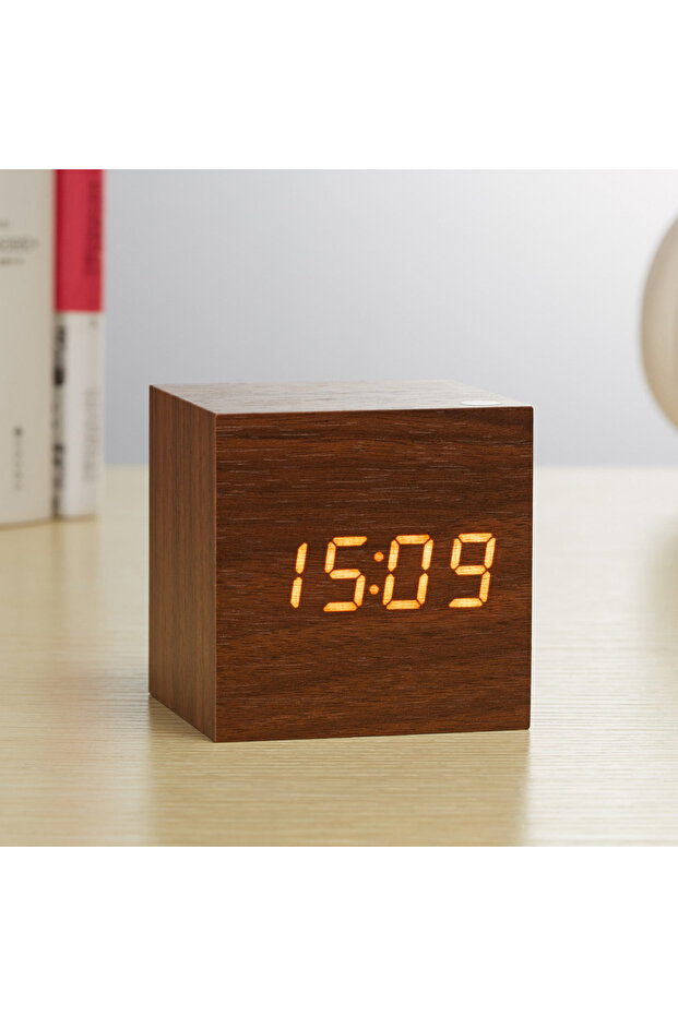 Brown Digital LED Alarm Clk Square Wooden Retro Luminous Clk Desktop Decoration Voice Control Functi