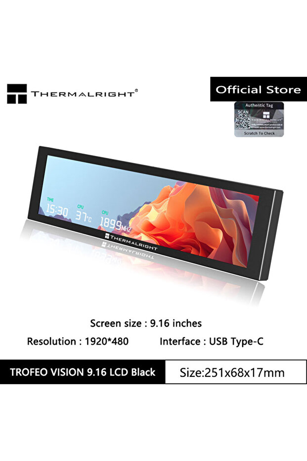 Black Thermalright TROFEO VISION LCD IPS full-color LCD screen,9.16 inches/magnetic/1920*480 resolut