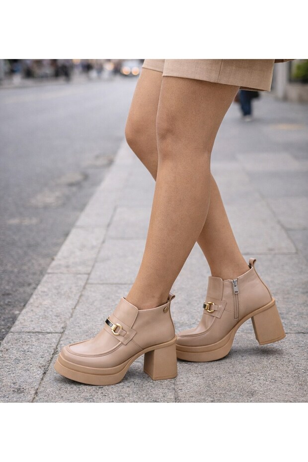Women's Genuine Leather 8.5cm Platform Heel Ankle Boots - Heeled Midi Boots
