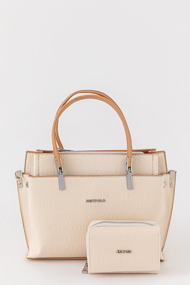 Pera Large Volume Women's Cream Handbag and Wallet Combination with Adjustable Strap Pbu54041002