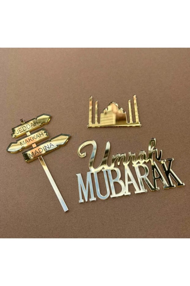 Umrah Golden Muslim Umrah Mubarak Topper Hajj Mubarak Cake Topper and Charm Set of 3Pcs