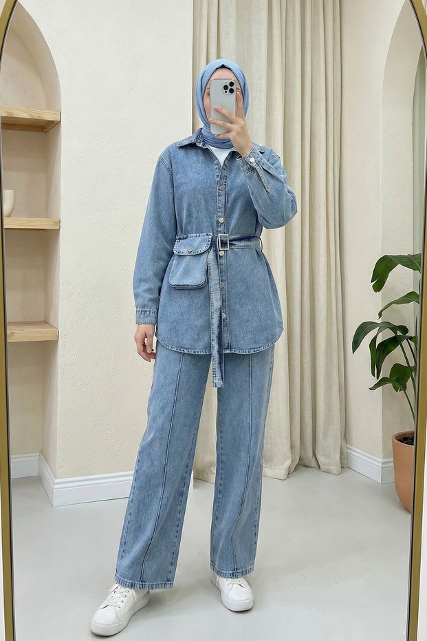 Shirt, Trousers, Jeans Set with Bag Pockets - Blue