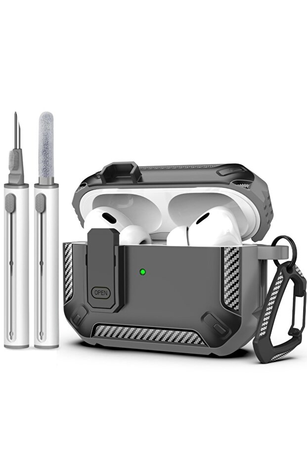 غطاء حماية رمادي لسماعات AirPods Pro 3 مع قفل آمن، حافظة صلبة مقاومة للصدمات توفر حماية كاملة