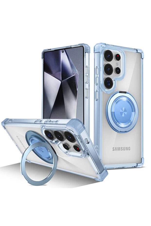غلاف هاتف وحامل شفاف قابل للطي مع حامل مغناطيسي دوار لهاتف Galaxy S25 Ultra، لون أزرق.