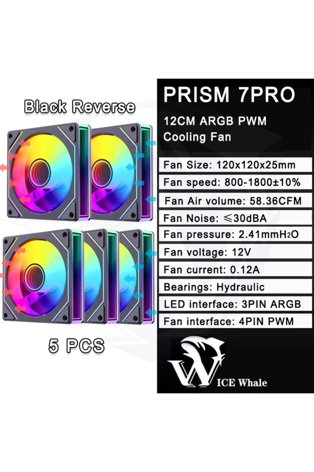 مروحة تبريد كمبيوتر ARGB من A-RGB، مقاس 120 مم، بتصميم مرآة لا متناهية، 5 قطع، لون أسود، عكسي، على شكل حوت جليدي، موشور 7 برو.