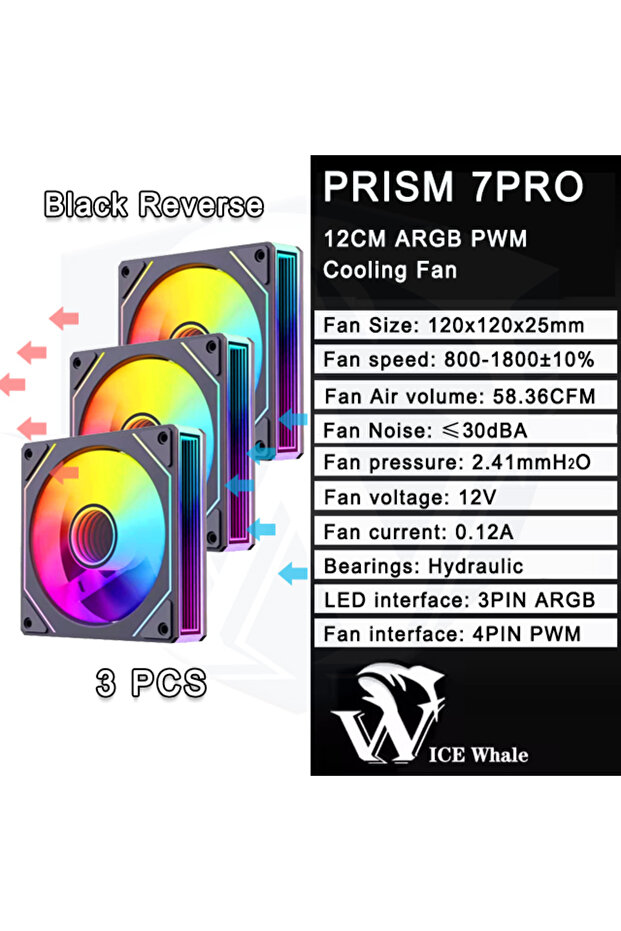 مروحة تبريد كمبيوتر ARGB من A-RGB، مقاس 120 مم، بتصميم مرآة لا متناهية، لون أسود، معكوس، 3 قطع، بتصميم الحوت الجليدي، موشور 7 برو.