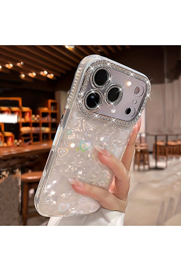 غلاف هاتف أنيق أبيض لامع مرصع بالكريستال بنمط صدفة ليزرية لهاتف iPhone 17 Pro Max و iPhone 17 Air