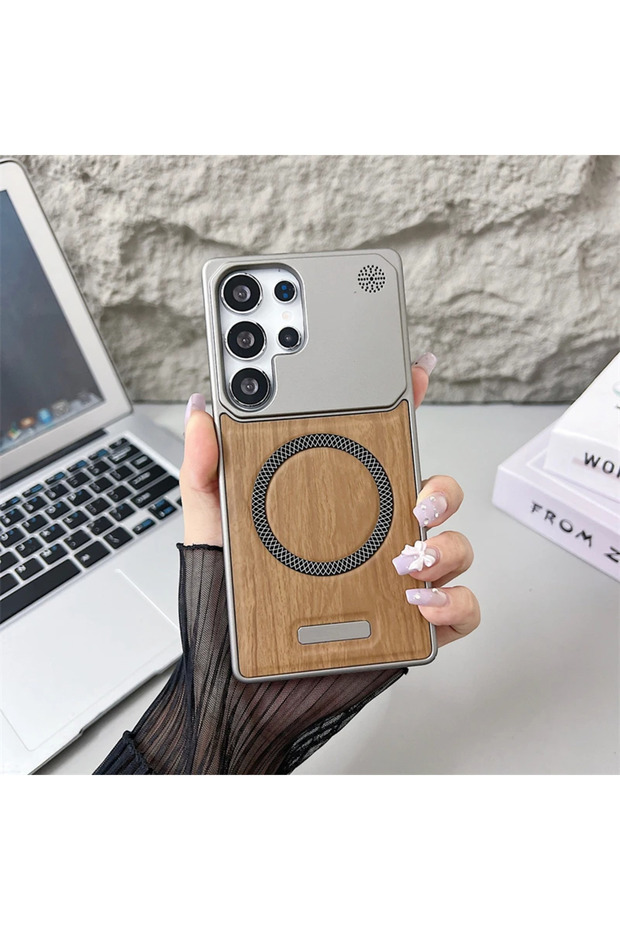 Galaxy S25 Ultra Brown Frameless Wood Grain Leather PC Magnetic Case for Magsafe S25 S24 S23 Ultra