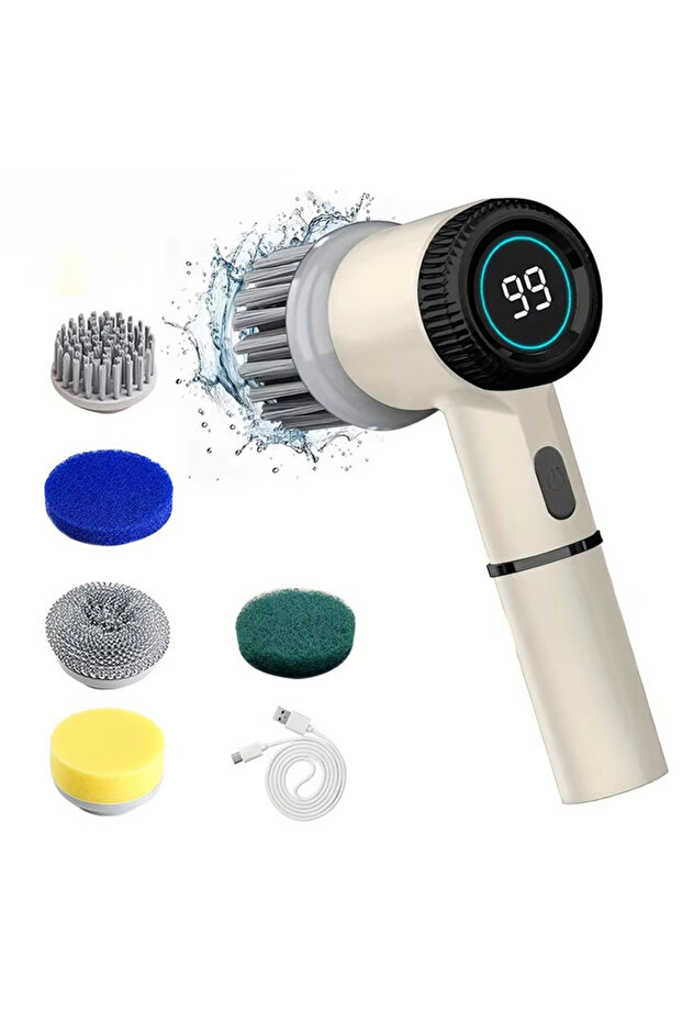 White Electric Spin Scrubber With 5 Replaceable Brush Head, Three-speed Adjustable Handheld Recharge