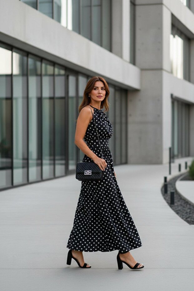 Halter Yaka Puantiyeli Maxi Boy Örme Krep Elbise - 2