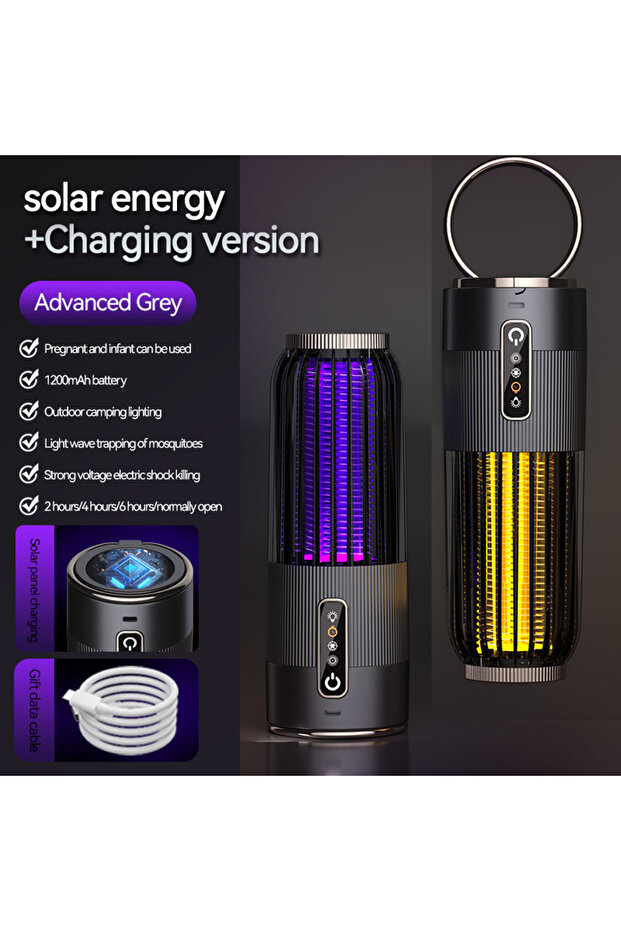 GRAY 2500V Solar Powered Mosquito Killer Solar Charging Outdoor Camping Mosquito Lamp 3-Level Timing