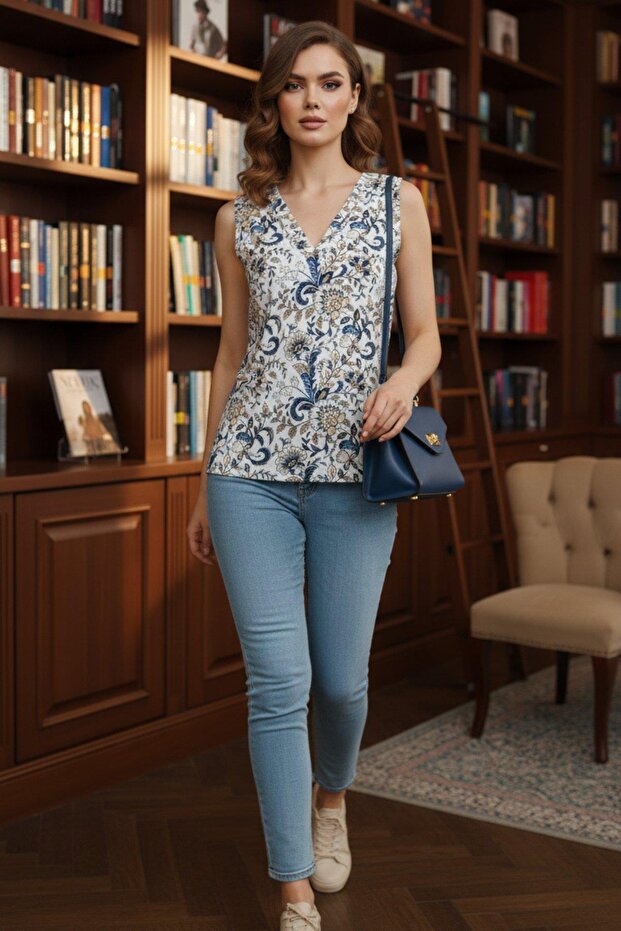 بلوزة جيرسيه منقوشة بدون أكمام وياقة على شكل حرف V - أبيض - 4