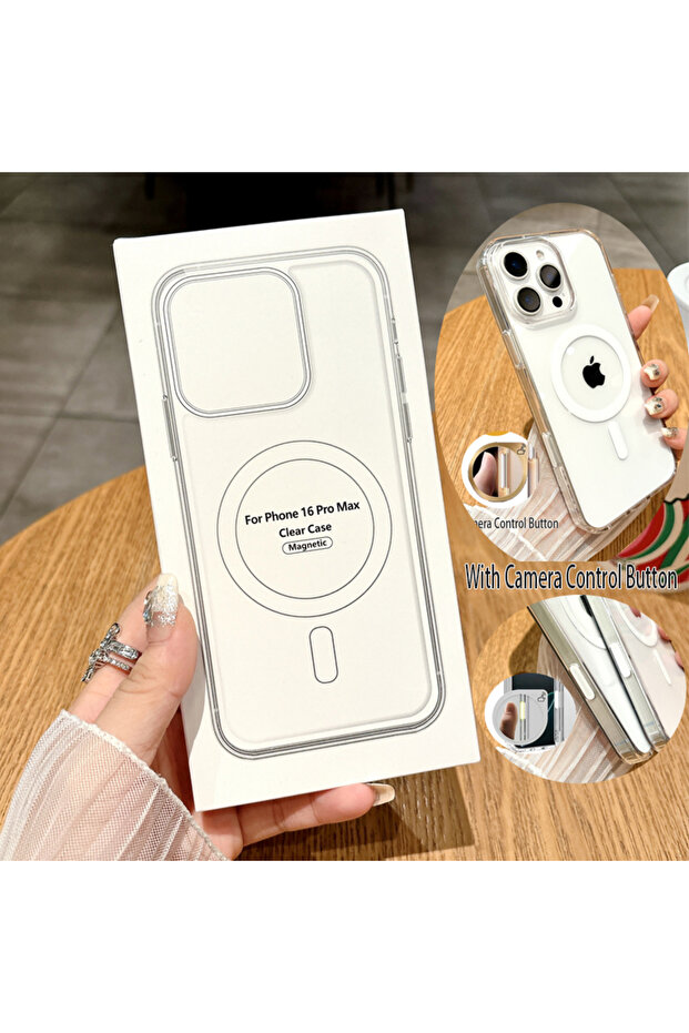 لهاتف آيفون 16 مع تغليف فاخر، غطاء شفاف مغناطيسي للشحن اللاسلكي MagSafe مع زر التحكم في الكاميرا