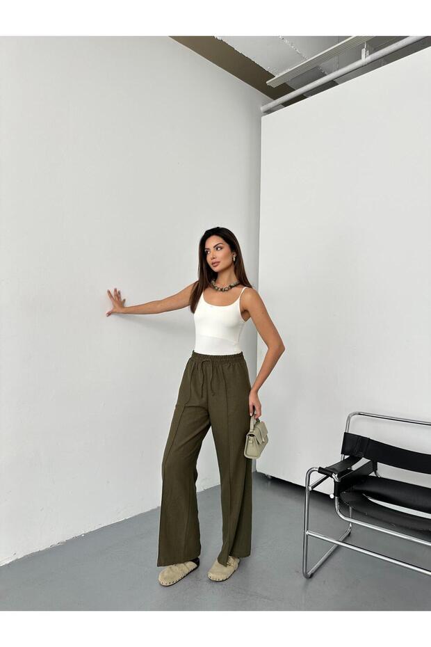 Elastic Waist, Lace-Up, Loose-Leg Palazzo Linen Pants
