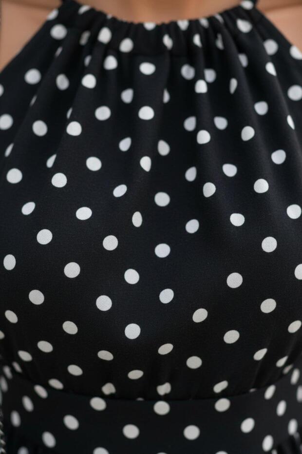 Halter Yaka Puantiyeli Maxi Boy Örme Krep Elbise - 5