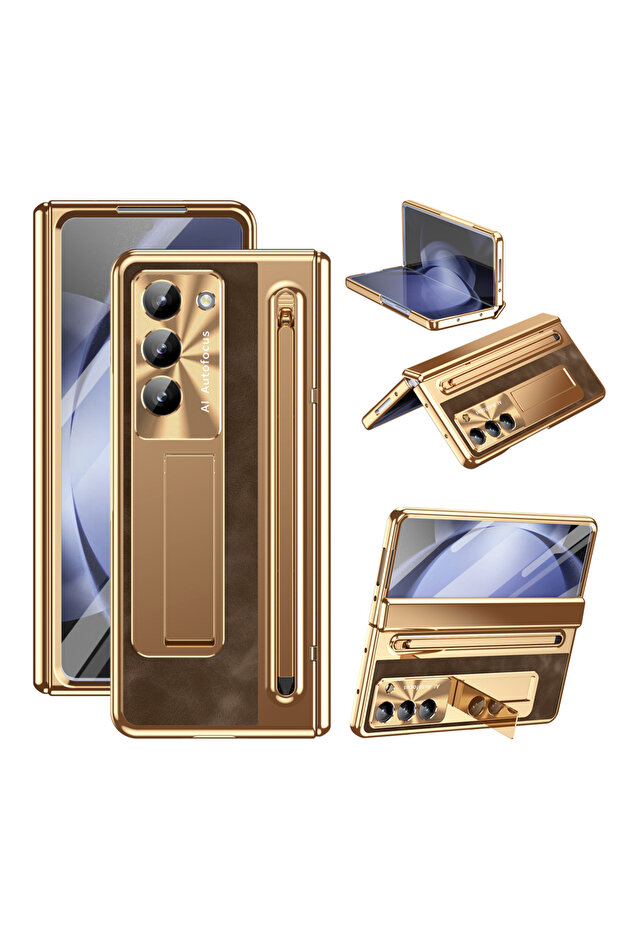 For Galaxy Z Fold 7 Gold Coffee With Touch Pen For Z Fold 7 6 5 Case Hinge Armor Shockproof Magnet