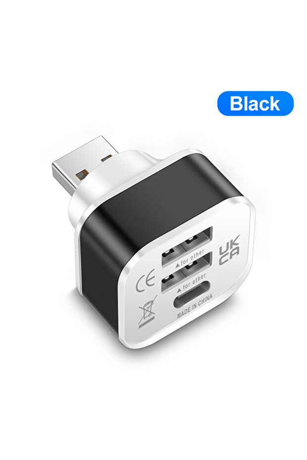 محول USB 2.0 أسود اللون 884-2UC، مزود بثلاثة منافذ USB، يدعم الشحن السريع، وموزع USB متعدد المنافذ مع منفذ USB إضافي.