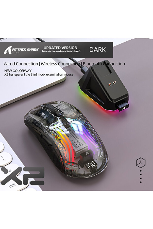 Black Transparent Attack Shark X2 Pro Wireless Gaming Mouse RGB, Tri-Mode Bluetooth, Silent Click, B
