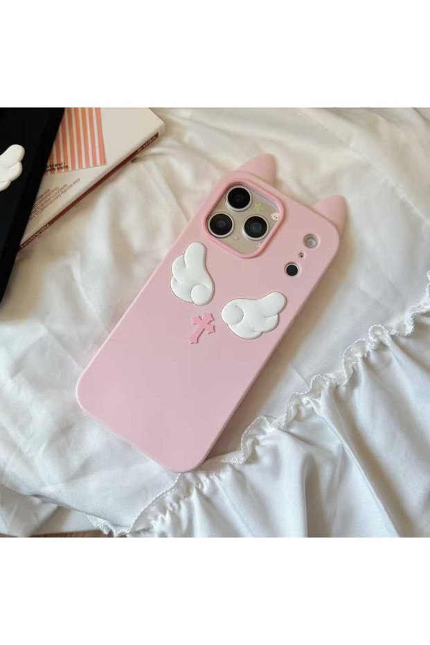 iPhone 13 Pink Cartoon Cute Cat Ears Angel Silicone Soft Case for IPhone 17 16 15 14 13 Pro Max 17Pr