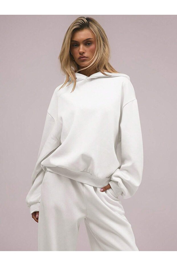 Oversize Fit Hooded Women's Sweatshirt 100% Cotton and 3 Threads