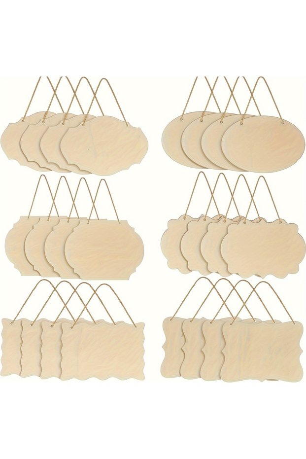 24Pcs Unfinished Hanging Wood Sign Rectangle Wood Blank Plaque Hanging Wood Sign with Rope for Pyrog