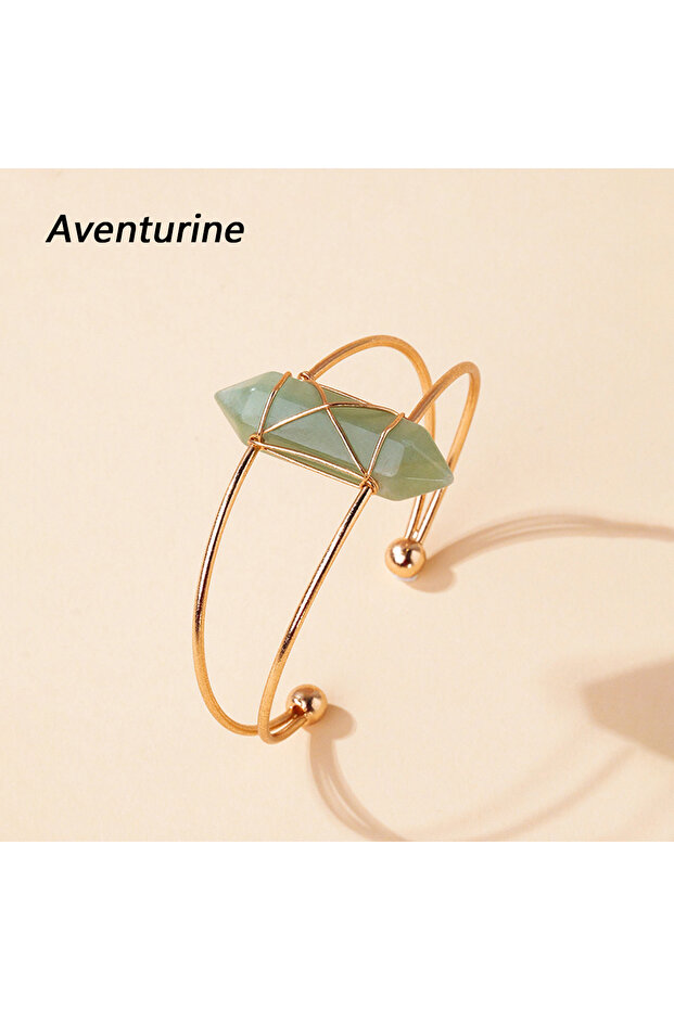 1pc Aventurine 1pc Natural Crystal Double Pointed Hexagonal Pillar Bracelet Open Adjustable Wire Wra